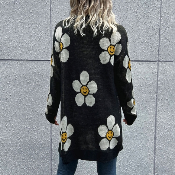 Retro Daisy Smiley Face Button Longline Knit Lightweight Cardigan Sweater Jacket - Picture 8 of 9